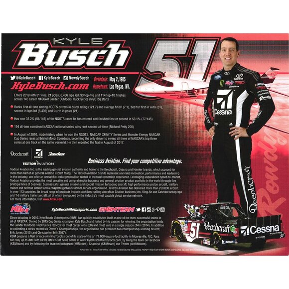 Kyle Busch 51 Textron Aviation 8.5 x 11 Postcard Racing Promo - Picture 2 of 2